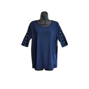 Love Scarlett Navy Blue 3/4 Sleeve Rhinestone Top NWT Size Large (L)